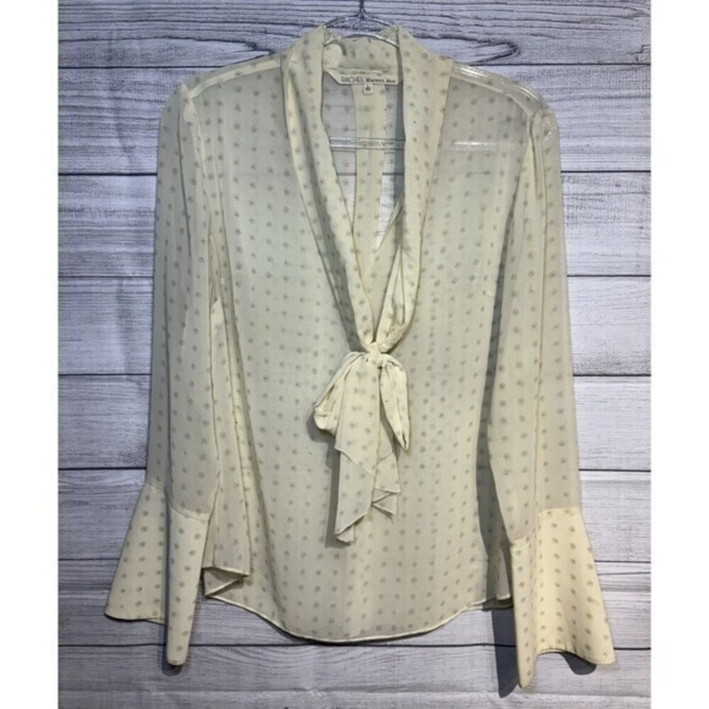 Rachel Rachel Roy Womens Ivory Tie-Neck Bell Sleeves Sheer Blouse Top SZ LARGE